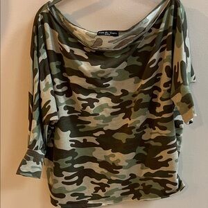 Kim & Cami Green Camouflage Oversized Off Shoulder Top